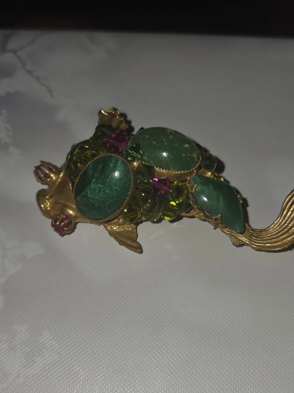 Rare Vintage Hattie Carnegie Koi Fish Brooch Lg Green Stones Purple Rhinestones
